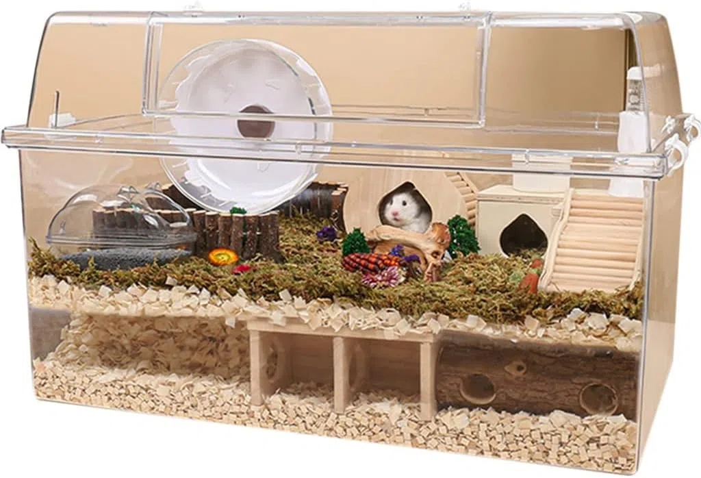 Großes Hamsterhaus mit Vorder- und Obertür, vollständig transparenter Acryl-Mauskäfig, atmungsaktives Lebensraumhaus für kleine Tiere (Größe: 70 cm)