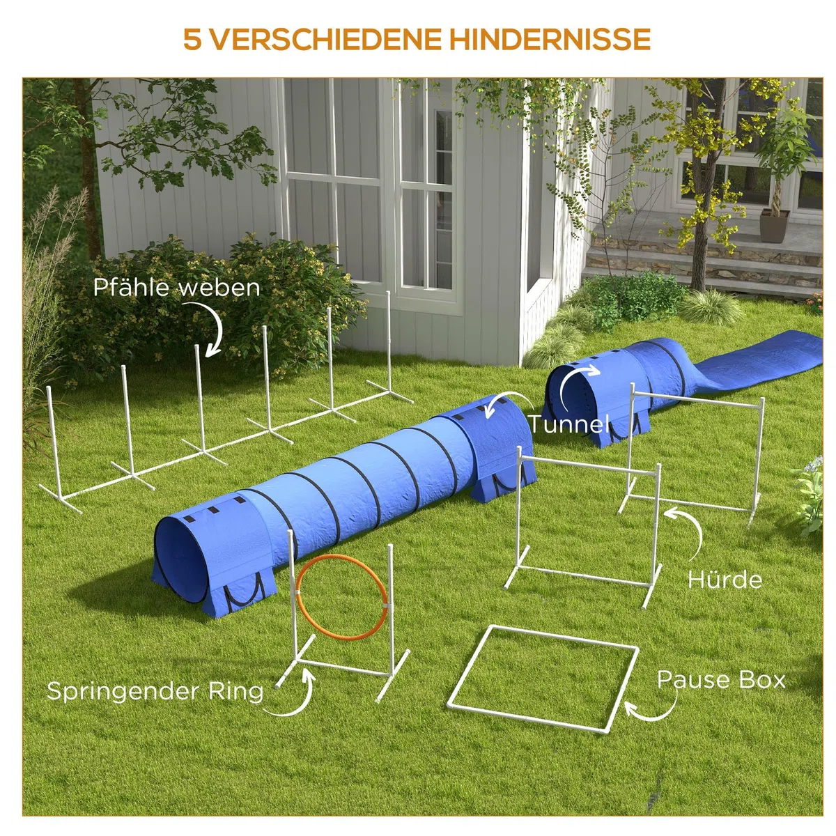PawHut Agility Set Hunde 7-Teiliges Agility Ausrüstung Hundetunnel | Hürden,Slalomstangen,Springring,Aufbewahrungstasche,Pause-Box,Höhenverstellbar,Steckhürdenset,Trainingsset