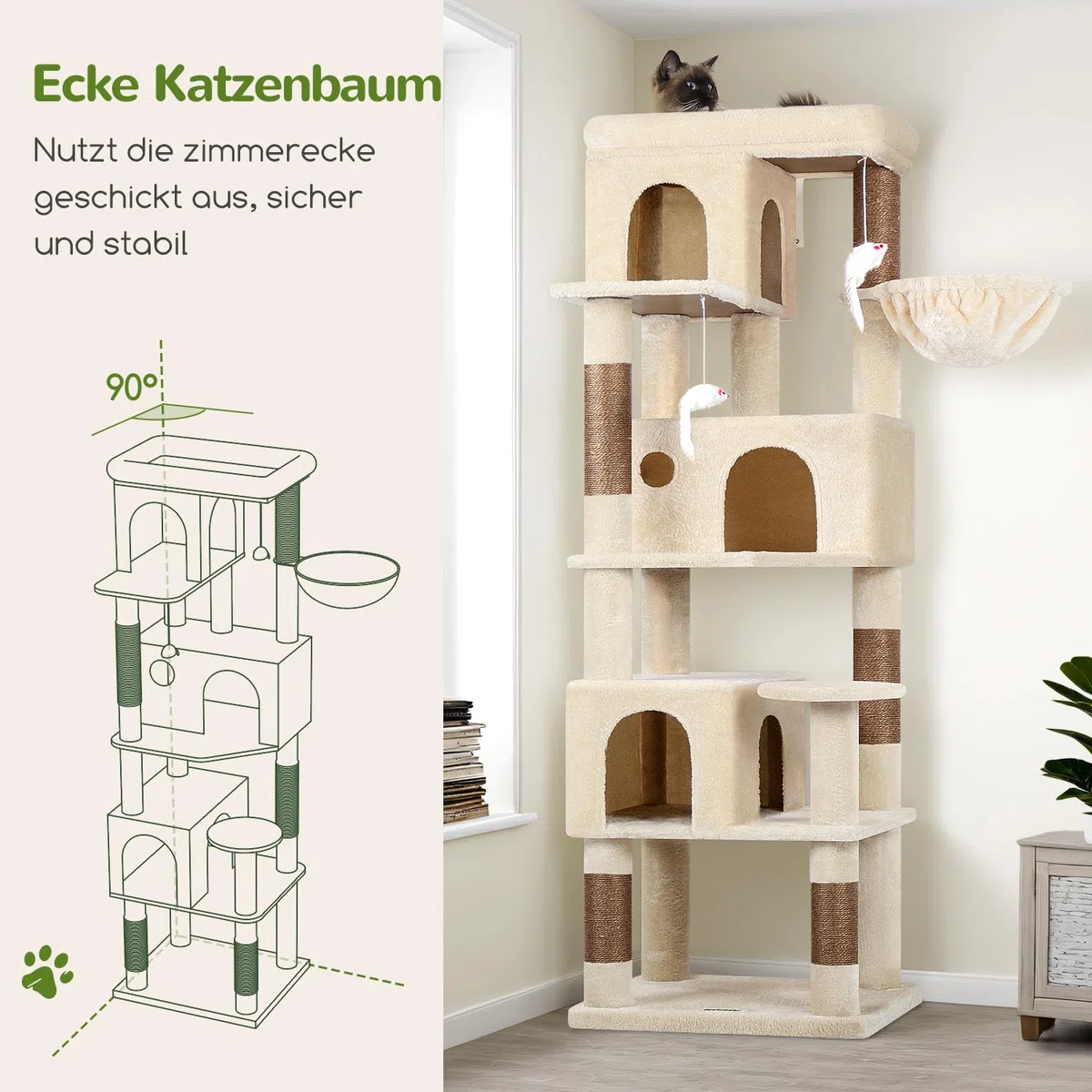 Globlazer F66 Kratzbaum Ecke Beige für Große Katzen 168cm Stabil Katzenbaum | Stabil Kratzbaum mit 3 Katzenhäus, Große Plattform, 5 Sisal Kratzsäulen, Einfach zu montieren, für 3-4 Erwachsene Katzen