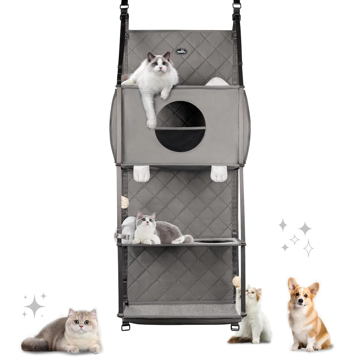 Wakytu Hängender Kratzbaum - Tür montiert Climber Katze Wand Katze Hängematte für Indoor, Hanging/erhöhte Bett - 4 Geschichte mit abnehmbaren Kissen, Ball Spielzeug und Rollolo Katzenmöbel