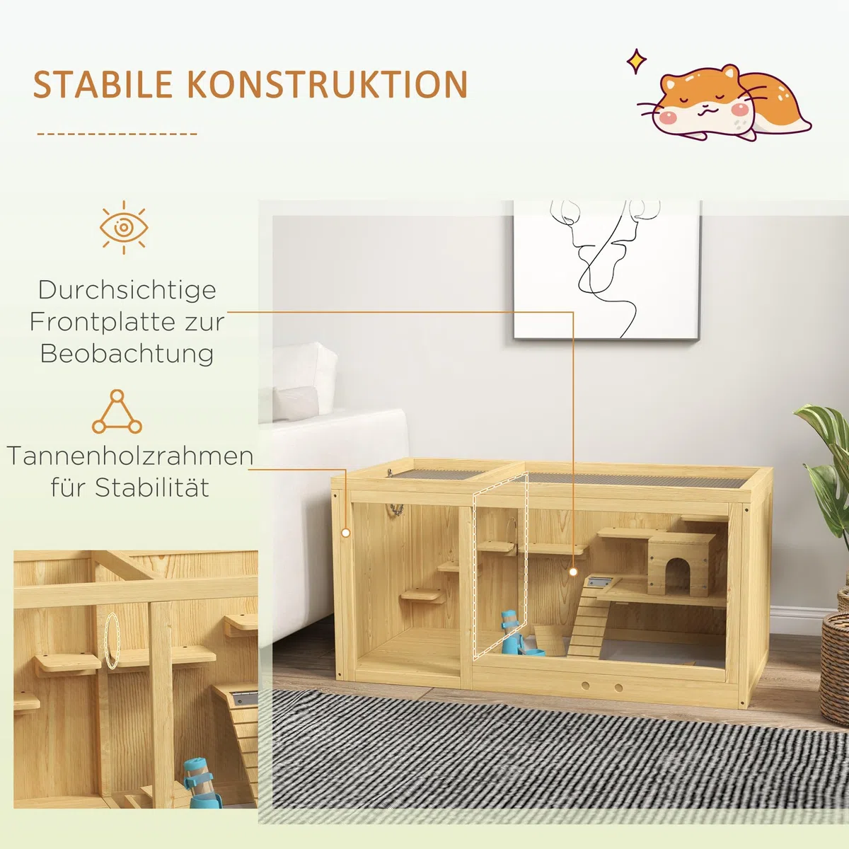 PawHut Hamsterkäfig aus Holz mit Klappdeckel Zubehör 100 x 50 x 50cm Natur | Nagerkäfig, Kleintierkäfig, Schaukeln, Leitern, Futternapf, Holzkäfig, Käfig für Hamster Zwerghamster Rennmaus