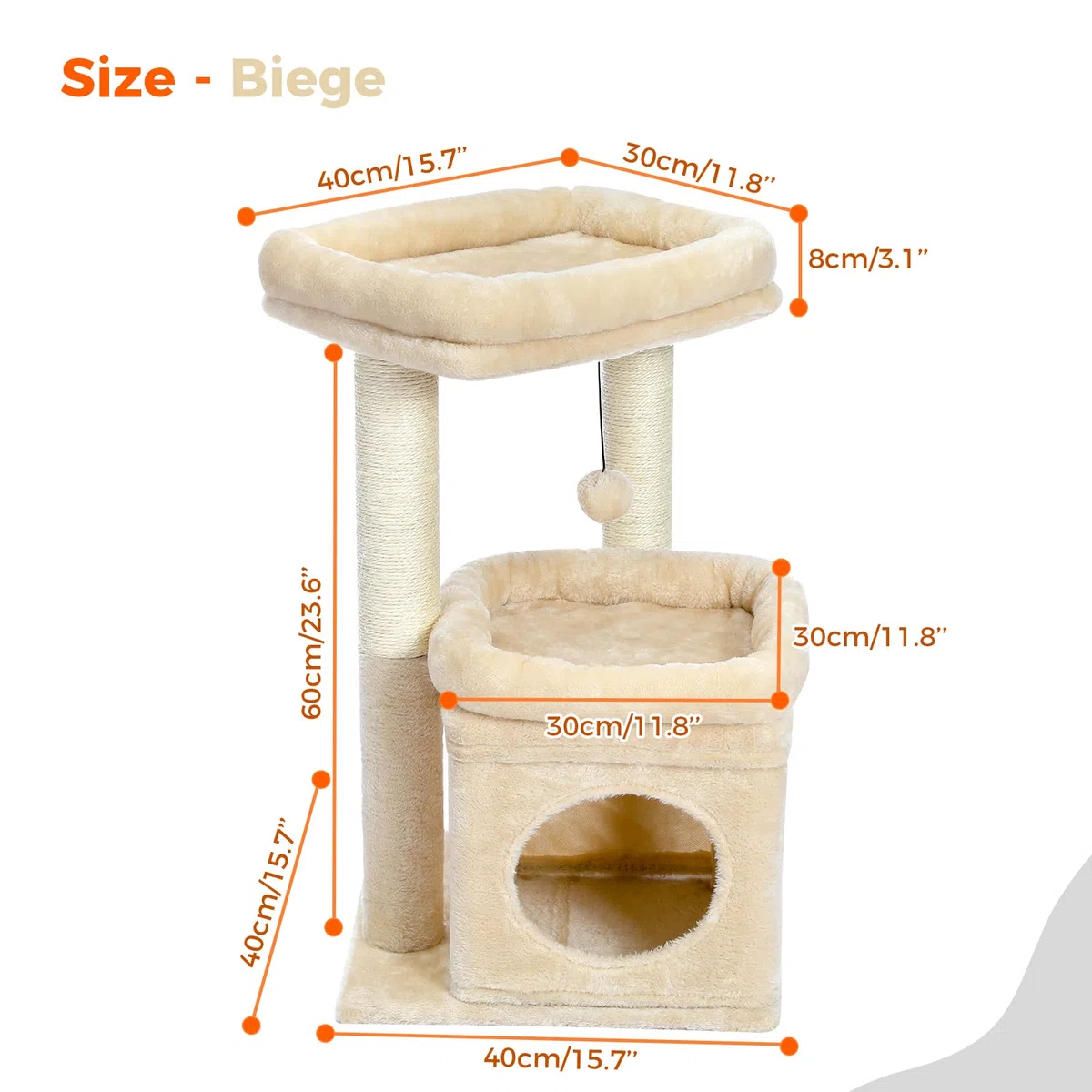 PEQULTI Indoor Kratzbaum Turm kleine Katzen, Sisalpfosten & gemütliche Höhle, Beige | Private weiche Katzenhütte Soft Top Sitzstange Natursisal Kratzstämme Plüsch Pom Pom Spielzeug für Indoor Kätzchen