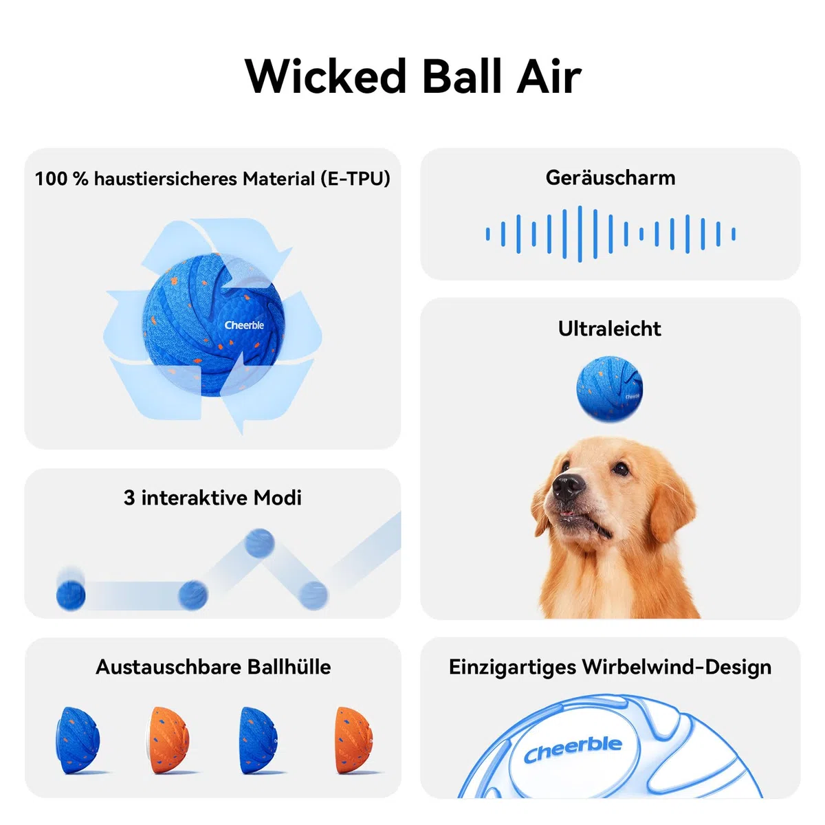 Cheerble Wicked Ball AIR - Interaktiver Hundeball mit 3 Spielmodi, Blau | Selbstbewegendes Hundespielzeug mit E-TPU Hülle, USB-C, IPX7 Wasserdicht, Ideal für Mittelgroße bis Große Hunde.