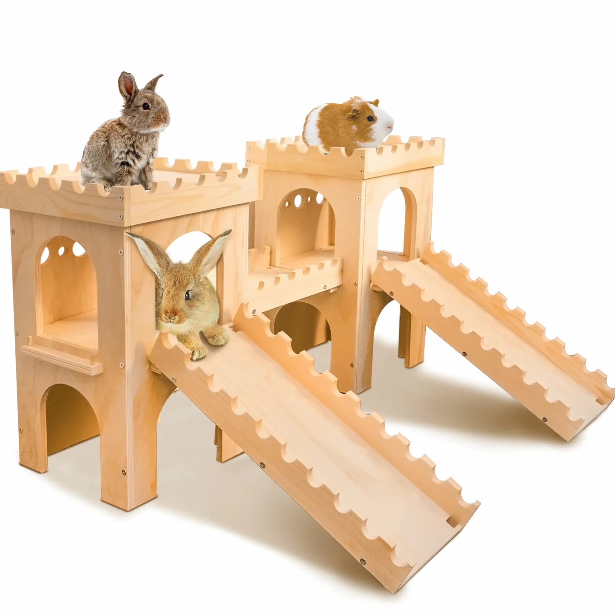 Extra großes hölzernes Kaninchenschloss Versteck Tunnel und Bett Kleintierversteck Hütte solide sichere Konstruktion Spielversteck Hütte für Kaninchen Meerschweinchen Chinchilla