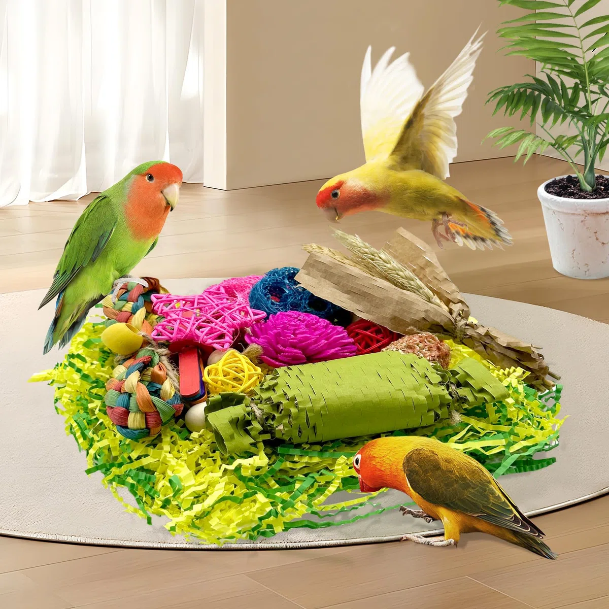 Natürliches Vogelspielzeug, Futtersuche, Papageien, Schreddern, Spielzeug für Nymphensittiche, Sittiche, Wellensittiche, kleine und mittelgroße Vögel (bunt)