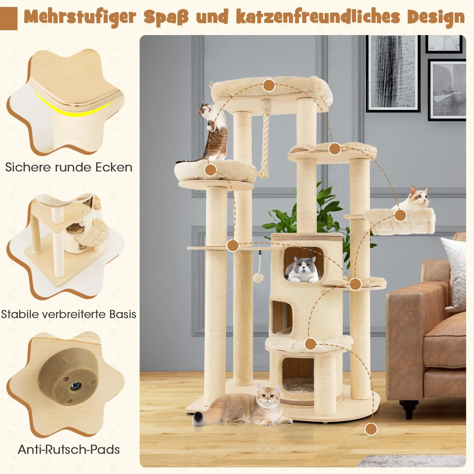 COSTWAY 173cm Kratzbaum Holz, Katzenbaum Groß, Katzenkratzbaum mit Katzenhöhle, dicken Stämmen, Matten, Ball & Sisalseil, Aktivitätsbaum mit Kratztonne, Katzenmöbel Kletterbaum Katzenhaus (Beige)