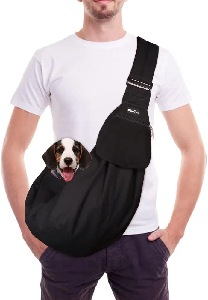 SlowTon Hundetragetasche, Haustier Hundetasche mit verstellbarem, gepolstertem Schultergurt und Fronttasche Tragetasche Hund für Spaziergang (Schwarz-Wasserdicht, L(Für Haustiere 4,5-7,2 kg))