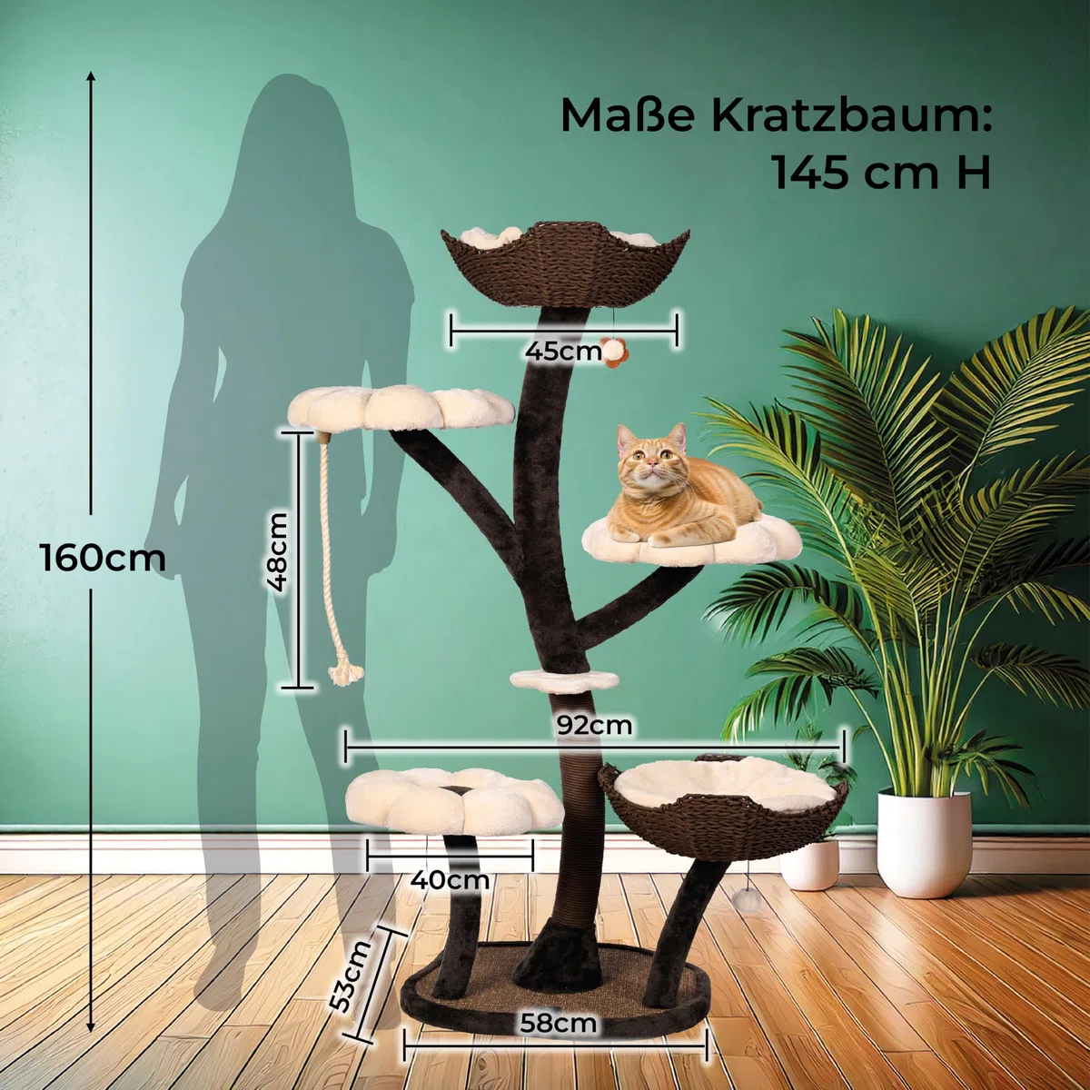 Kratzbaum „Le Fleuron“ – 145 cm eleganter Design-Katzenbaum mit Sisal, stabilem Standfuß und weichen Liegeflächen, hochwertiger Kratz- und Kletterbaum für Wohnung & Haus braun-beige