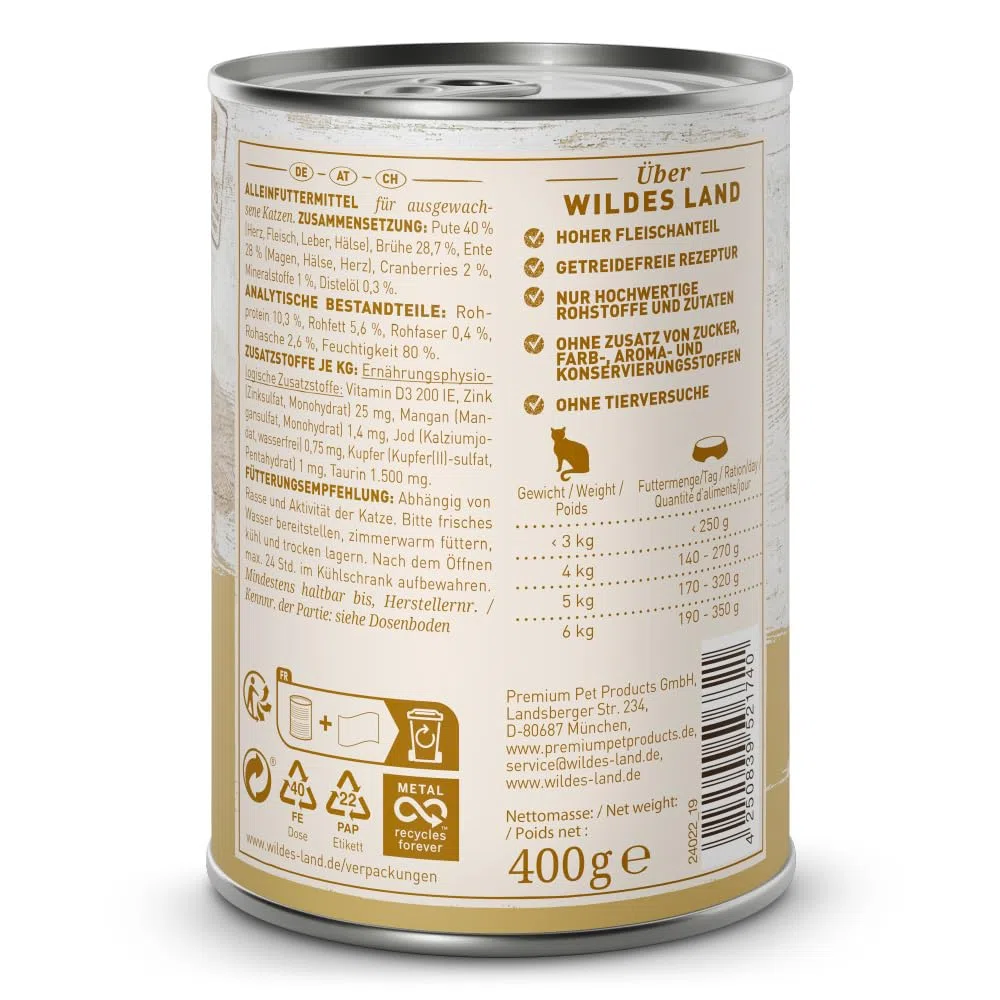 Wildes Land - Ente und Pute mit Distelöl - Classic Adult Nassfutter für Katzen - 24 x 400 g