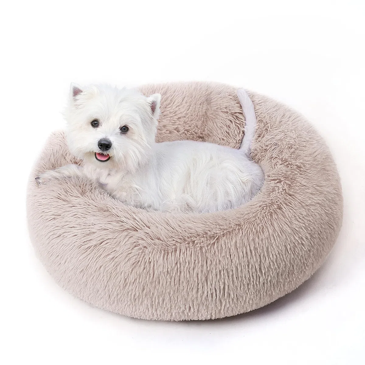 Beruhigendes Hundebett und Katzenbett für Indoor-Katzen, mittelgroß, waschbar, rutschfest, Anti-Angst, Donut-Hundebett für kleine Hunde und Katzen, flauschiges Plüsch, gemütlich, rund, 61 cm