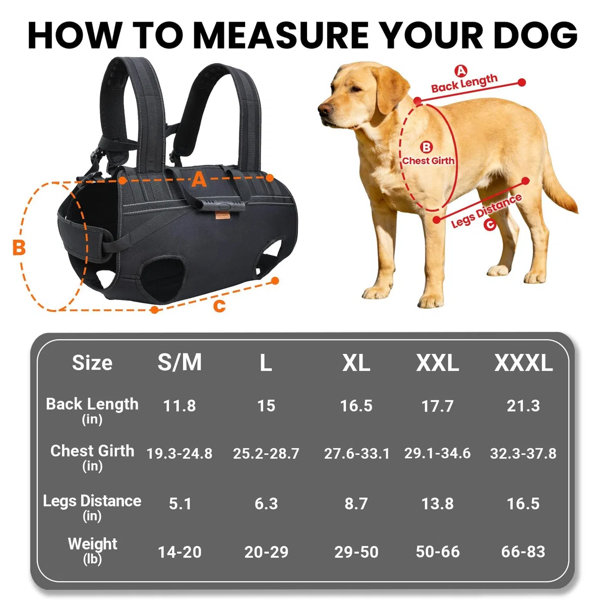 Hundegeschirr, Rucksack-Tragetasche für große Hunde, Ganzkörperschlinge mit Griff, Hundegeschirr für Gelenkverletzungen, Arthritis, ideal für Treppen, ältere Hunde, Schwarz (Schwarz, Größe