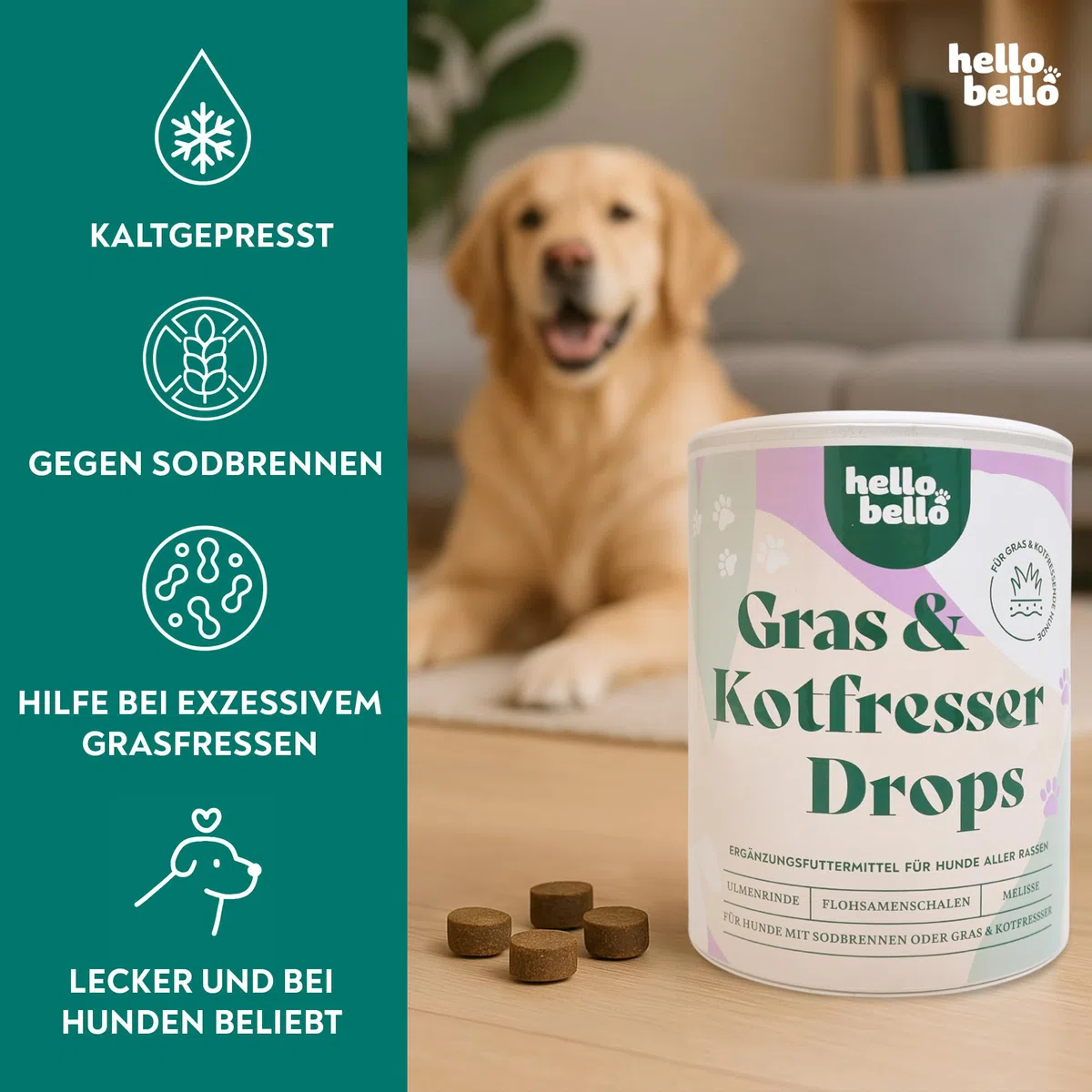 HELLOBELLO kaltgepresste Gras- & Kotfresser Drops für Hunde 1x350g Soft mit Ulmenrinde - getreidefrei, Flohsamenschalen, Melisse, Kamille und Pflanzenkohle - gegen Sodbrennen und Grasfressen