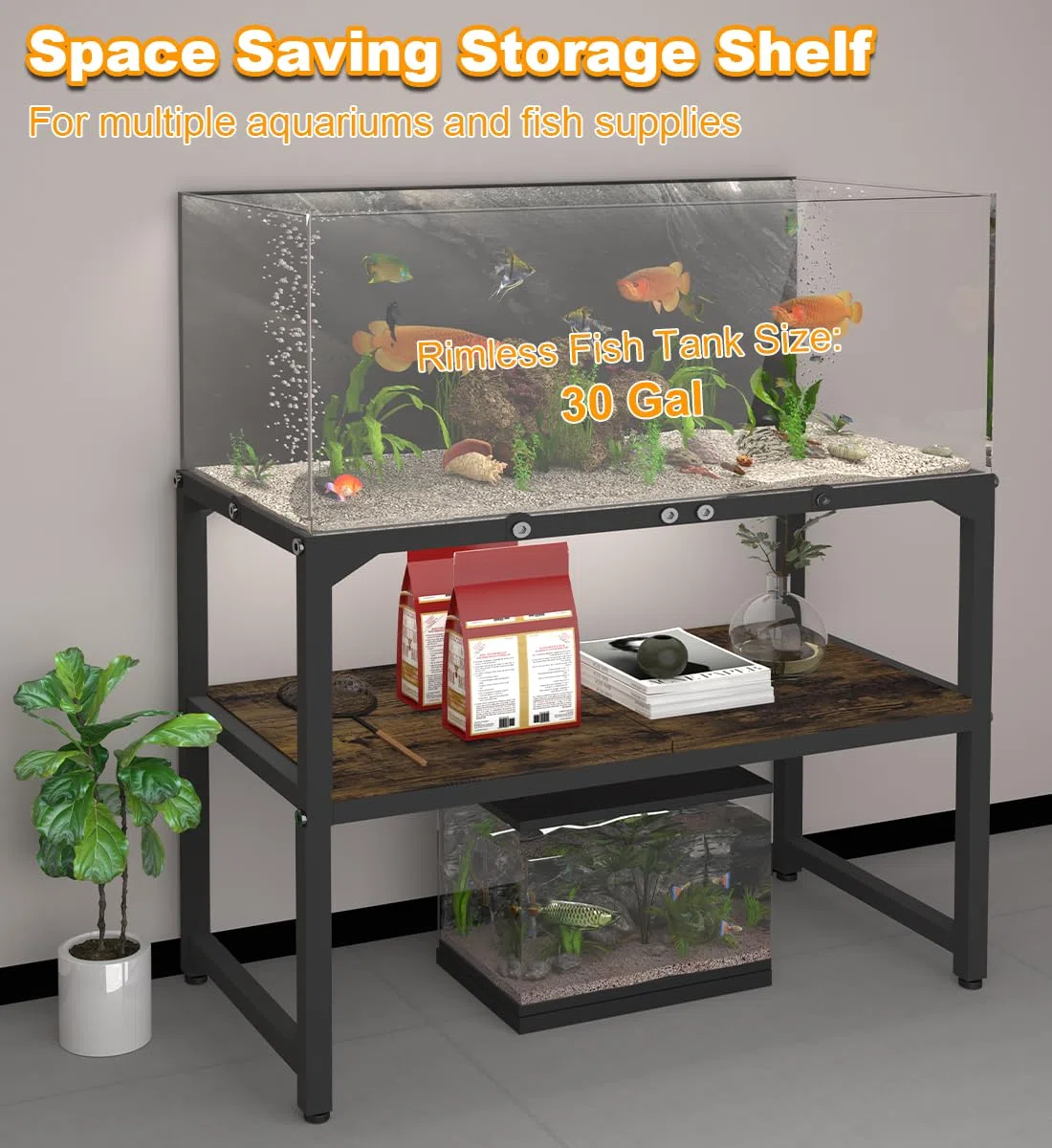 Mondazie Randloser Aquariumständer mit Ablage zur Aufbewahrung, 2 Etagen, Metall-Aquariumständer, Züchtertank, Schildkröte, Reptilien-Terrarien, Ständer für Heimbüro, 76,2 cm L x 30,5 cm B x 52,1 cm H