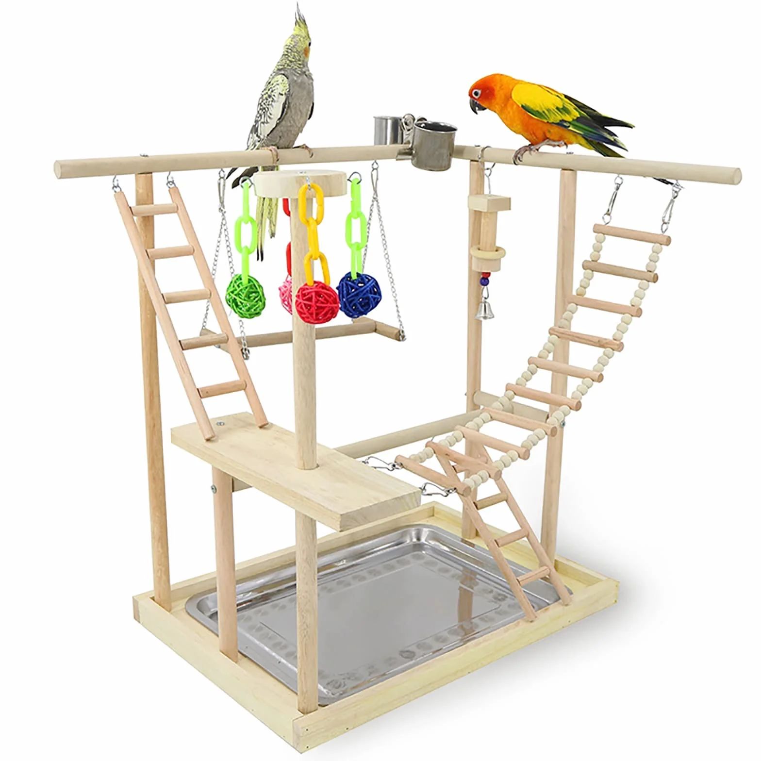 Vogel-Spielständer aus Holz mit Leitern, Schaukel, Kauspielzeug & Futternäpfe für Papageien, Nymphensittiche, Sittiche, Sittiche, Sittiche, Sittiche, Fitness-Studio für kleine bis mittelgroße Vögel
