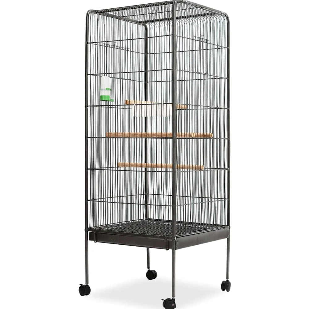 Vogelkäfig Schwarz aus Stahl 54x54x146 cm mit Voliere, 4 Holzsitzstangen, Futterschale, Wasserspender, Rollen für Zimmer, Balkon und Garten, geräumig und sicher für Nymphensittich, Papagei