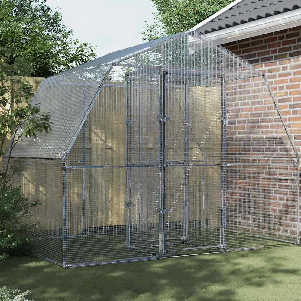 Verzinkter Stahl Vogelvoliere mit Tür silbern Maschendraht 285 x 195 x 230 cm für Wildvögel zum Fliegen Spielen im Garten unter wetterfestem Schutz