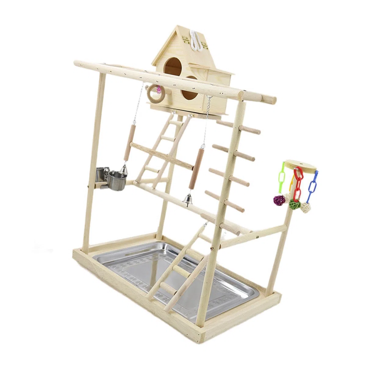 Interaktiver Vogelspielplatz mit DREI Ebenen, Sitzstangen und Leitern für optimale Bewegung Kleiner Vögel – ideal zum Klettern und Spielen.