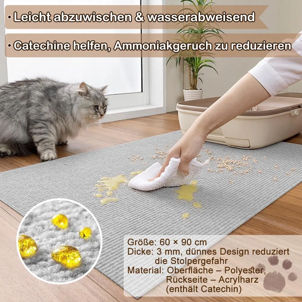 Katzenklo Hundeklo Matte für Zuhause 60x90cm rutschfeste wasserdichte Unterlage geruchsabsorbierend schützt Böden maschinenwaschbar, zuschneidbar grau