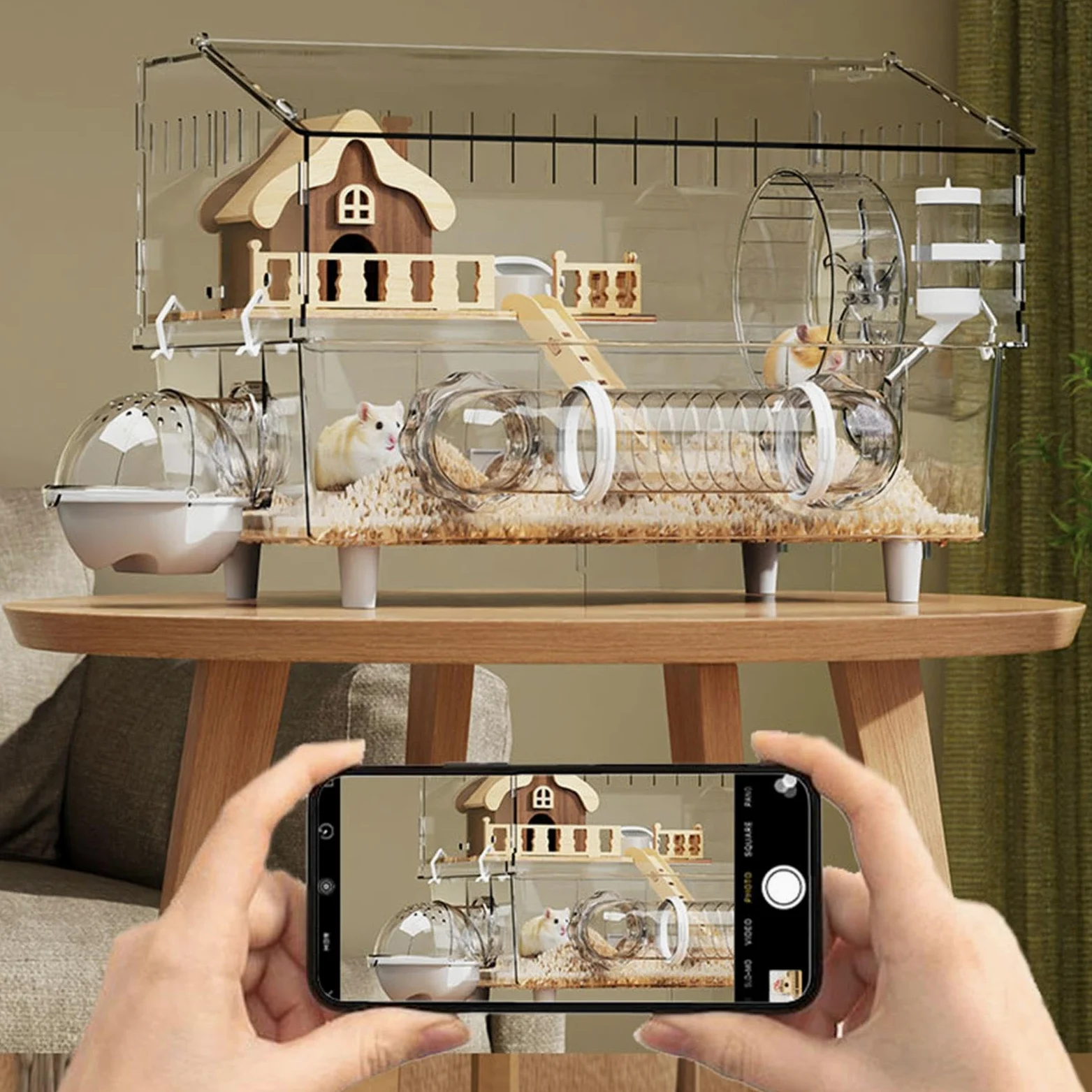 Großer Hamsterkäfig, Gehege, transparent, Acryl, 2 Etagen | Hamstergehege für Tierhandel, Beobachtung im Innenbereich, Spiele im Freien und zu Hause