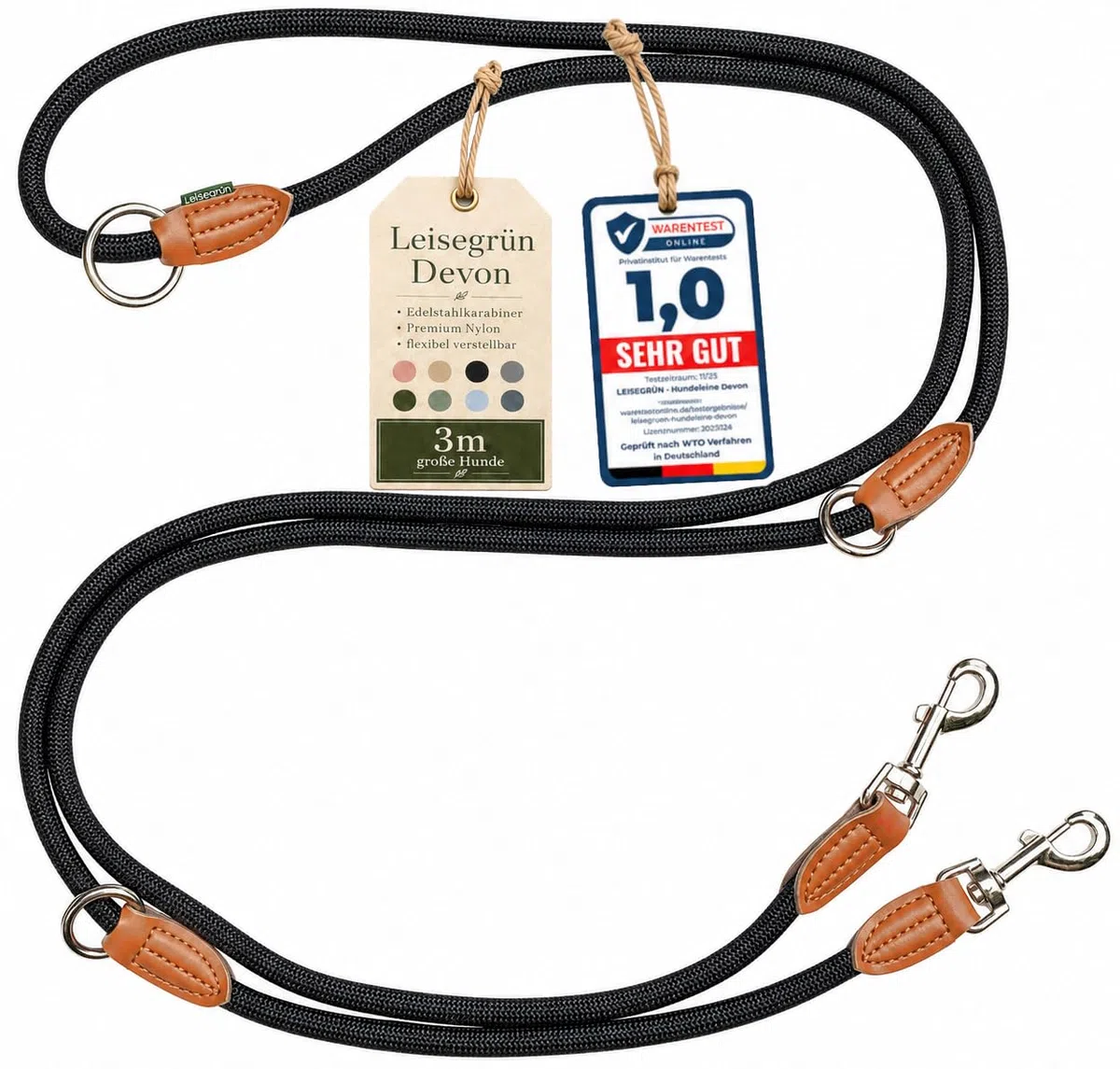 Leisegrün Nylon Hundeleine 3m Große Hunde - Verstellbar, 2 Karabiner | Führleine, Freihandleine & Umhängeleine | Paracord & Wasserfest | Farbe: Schwarz