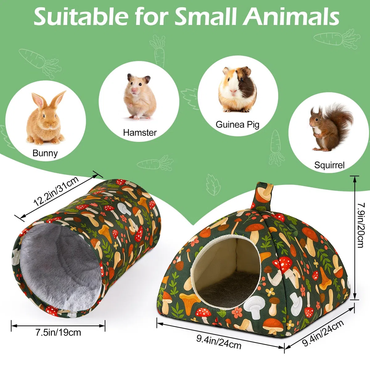 Bienbee Meerschweinchen-Versteck Waschbares Kaninchenbett mit Meerschweinchentunnel, 2 Stück, Meerschweinchen-Spielzeug-Set, Hasenversteck Käfigzubehör für Hamster, Frettchen, Kaninchen, Hase, grüner