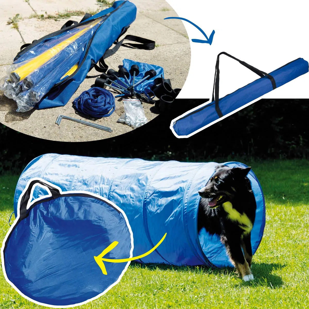 Schecker Dog Agility Set groß für Hunde mit Startfeld, Slalomstangen, Hürden, Tunnel und Tasche