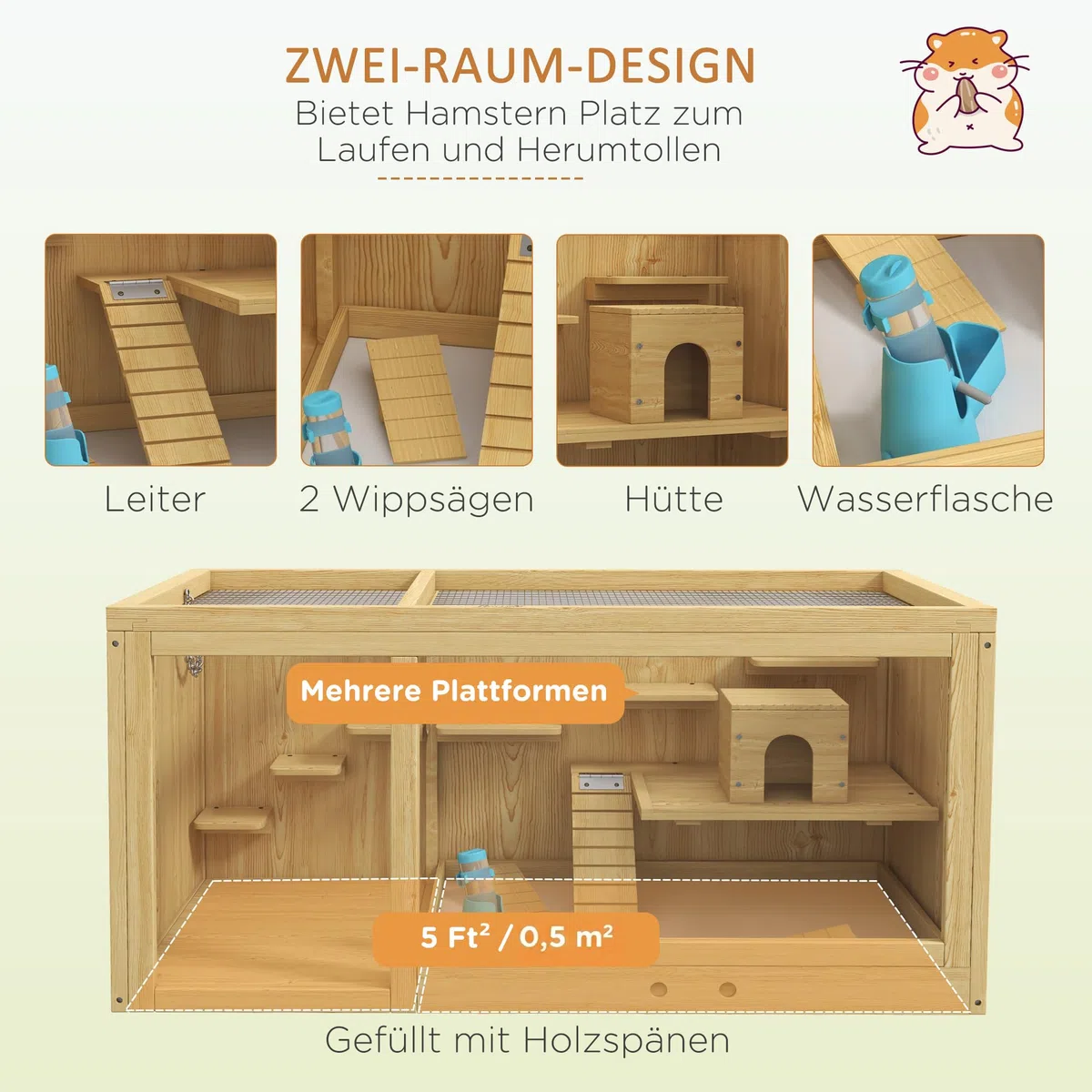PawHut Hamsterkäfig aus Holz mit Klappdeckel Zubehör 100 x 50 x 50cm Natur | Nagerkäfig, Kleintierkäfig, Schaukeln, Leitern, Futternapf, Holzkäfig, Käfig für Hamster Zwerghamster Rennmaus
