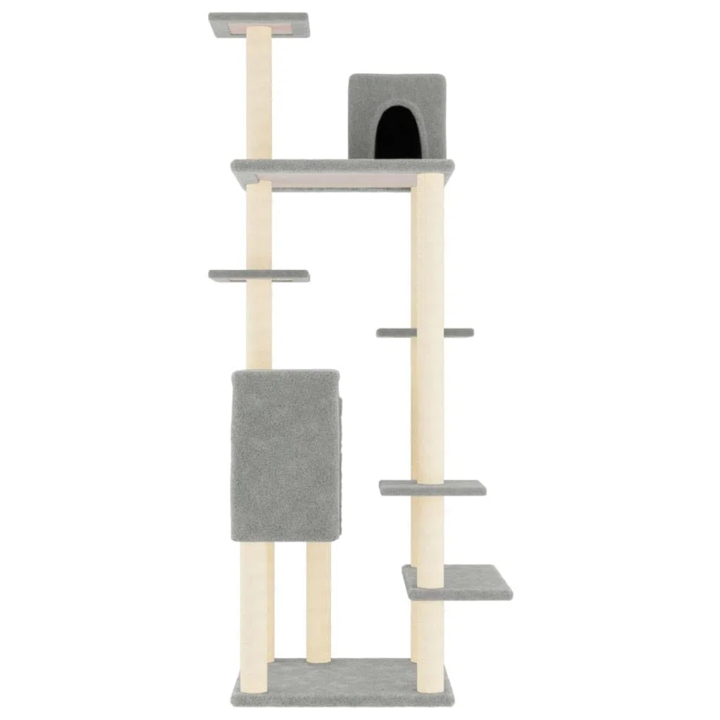 Kratzbaum mit Sisal-Kratzsäulen Hellgrau 154 cm Stabiler Kletterturm mit Hängematte, Höhle und Liegefläche für Katzen in Wohnung, mit Holz, Plüsch, Kratztonne, Deckenspanner