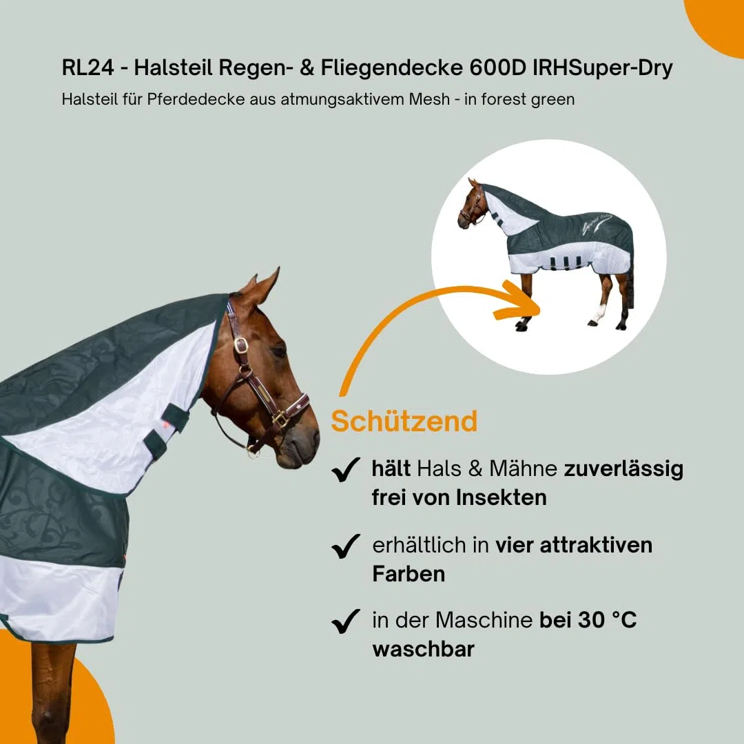 RL24 - Halsteil Regen- & Fliegendecke 600D IRHSuper-Dry – Halsteil für Pferdedecke aus atmungsaktivem Mesh – Schutz vor Insekten – doppelter Klettverschluss – in Forest Green – Größe M
