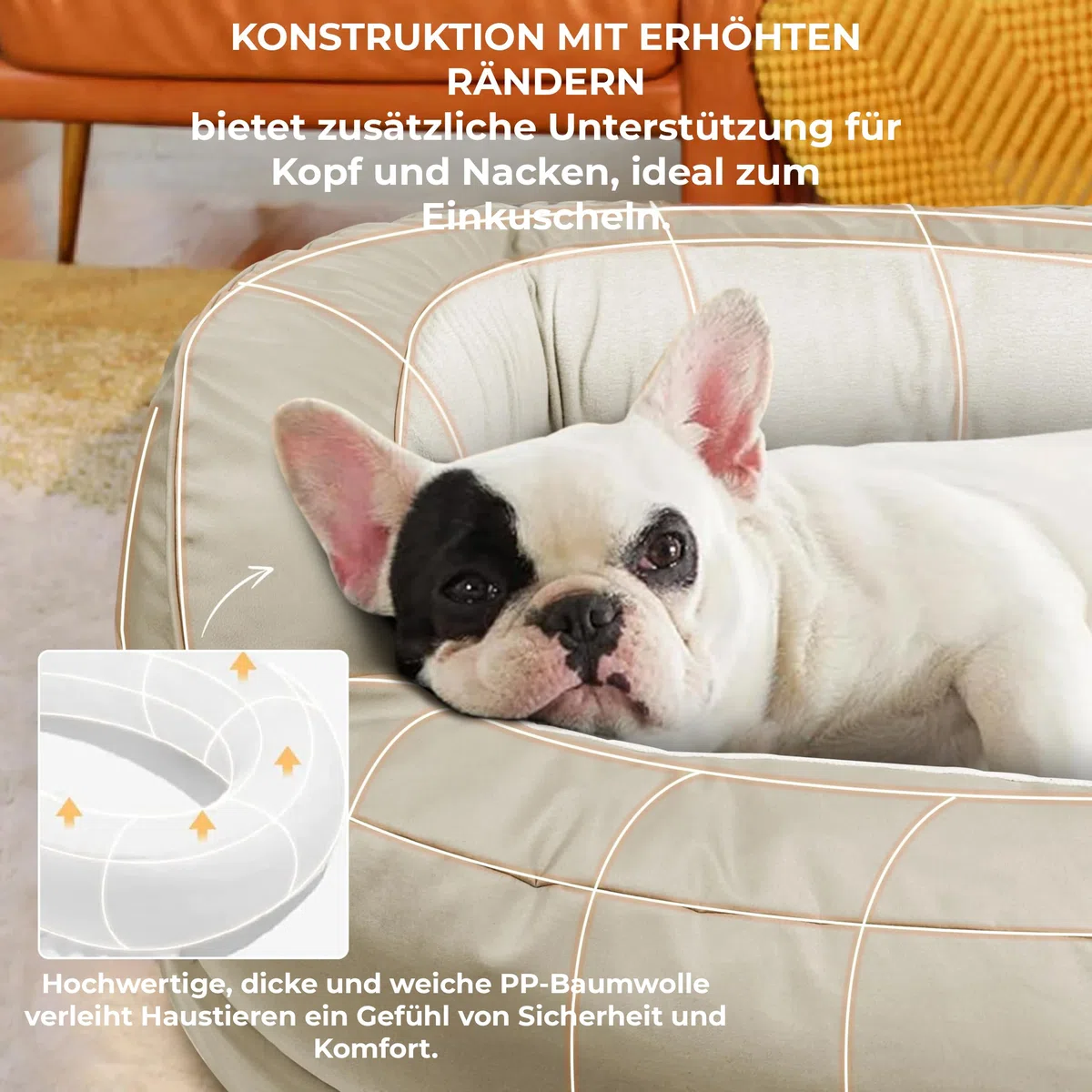 Anti Stress Hundebett Beruhigend, Orthopädisches Katzenbett und Hundekissen, Kuscheliger Waschbarer Haustier Schlafplatz Rund, Beige 100 x 70 x 40 cm