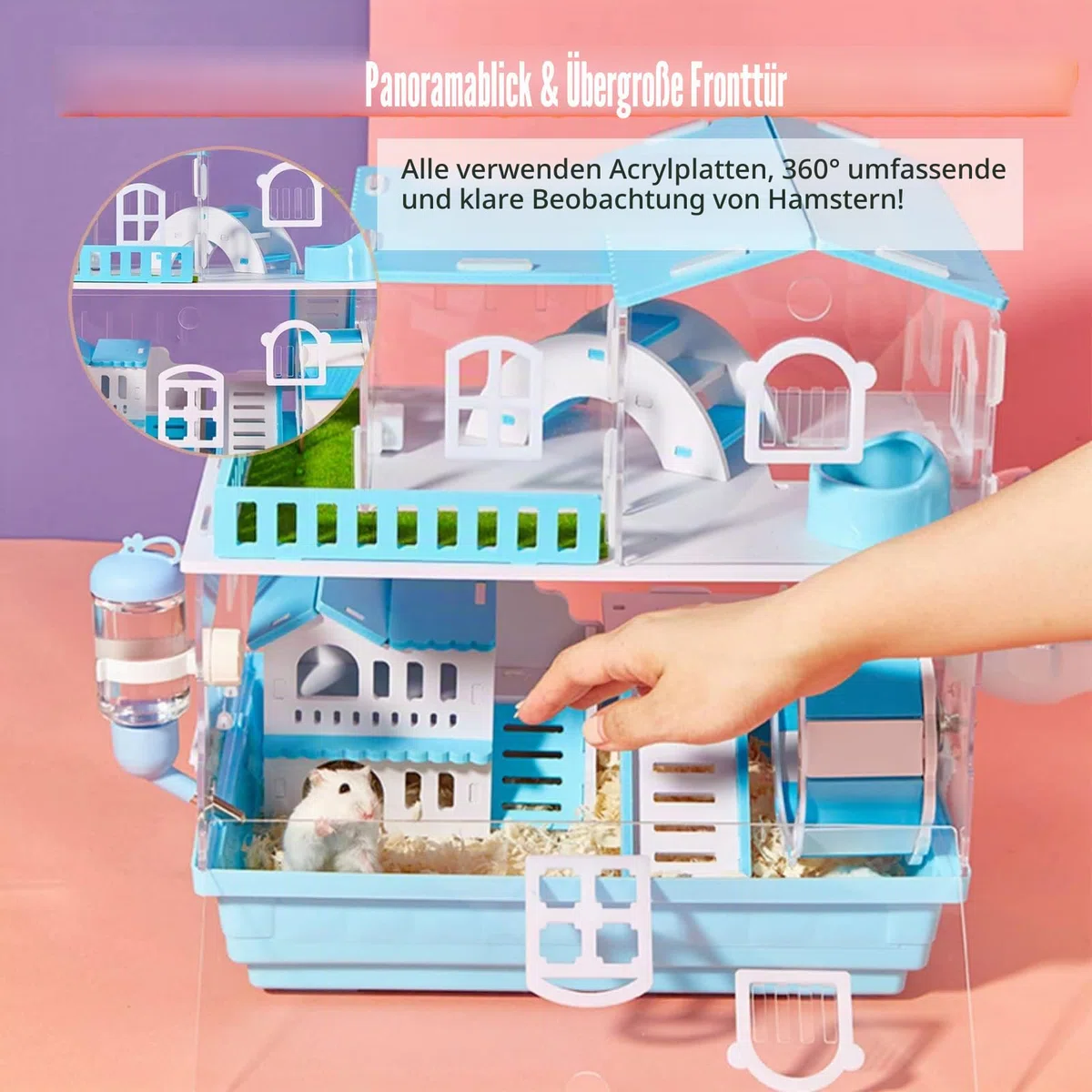 Hamsterkäfig für Hamster Zwerghamster Syrian Habitate für Kleintiere 3 Ebenen Hamsterkäfig aus Acryl komplett transparent mit Spielzeugsets (3 Schichten) ((Pink)
