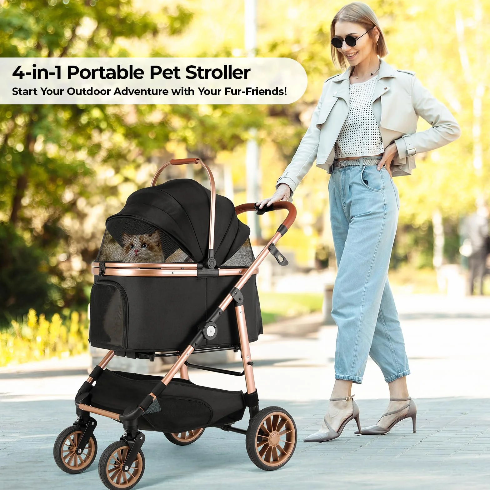MAMIZO 4 in 1 Hundewagen, Hundebuggy bis 25kg, 4 PCS Gummiräder mit Stoßdämpfung, Faltbar Hund Kinderwagen, Hunde Buggy, Hundebuggy Hunde, Geländegängig, Katzenwagen, Schwarz