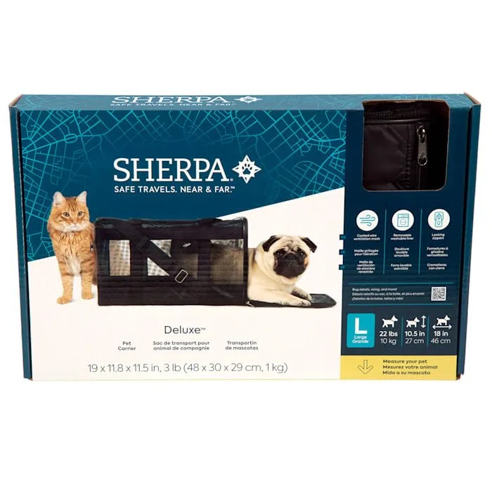 Sherpa Deluxe Transporttasche für Hunde und Katzen, von Fluggesellschaften zugelassen, weiche Seiten, Schwarz, Größe L
