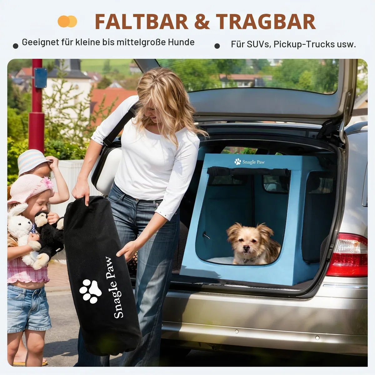 Snagle Paw Tragbare Hundebox für Autoreisen, zusammenklappbare große Hundebox mit Metallrahmen und 3-türigen Netzfenstern, sichert im Kofferraum/Rücksitz, weichseitige Transportbox für mittelgroße und