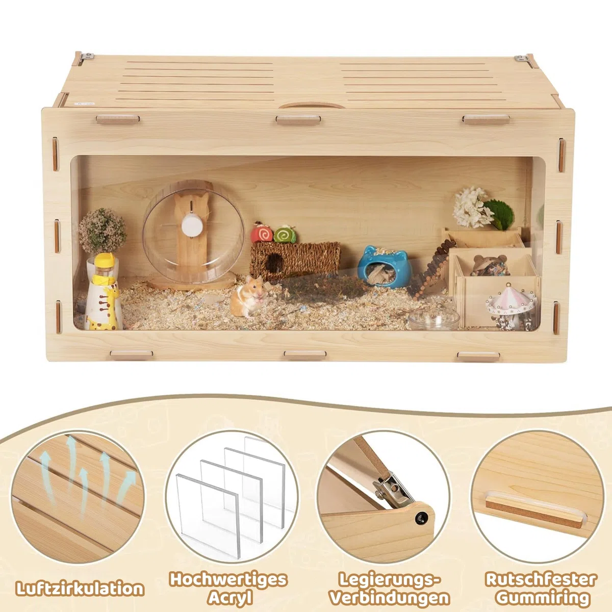 Kleiner Tierkäfig mit klappbarem Deckel Indoor Freilaufgehege holzerner Hamsterkäfig Acrylfenster für Sicht geeignet für Meerschweinchen, Hamster, Schildkröten (Einzeltür)