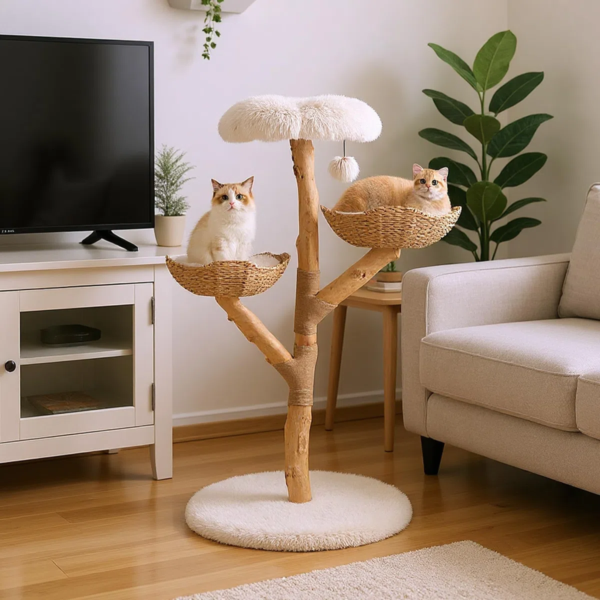 GOPLUS Kratzbaum Holz, Katzenbaum 122 cm mit 2 Rattan-Körbchen, Kratzstamm aus natürlichem Jute, blütenförmige Sitzplattform, Plüschball & erweiterter Basis, Kletterbaum für Katzen, Indoor Katzenmöbel