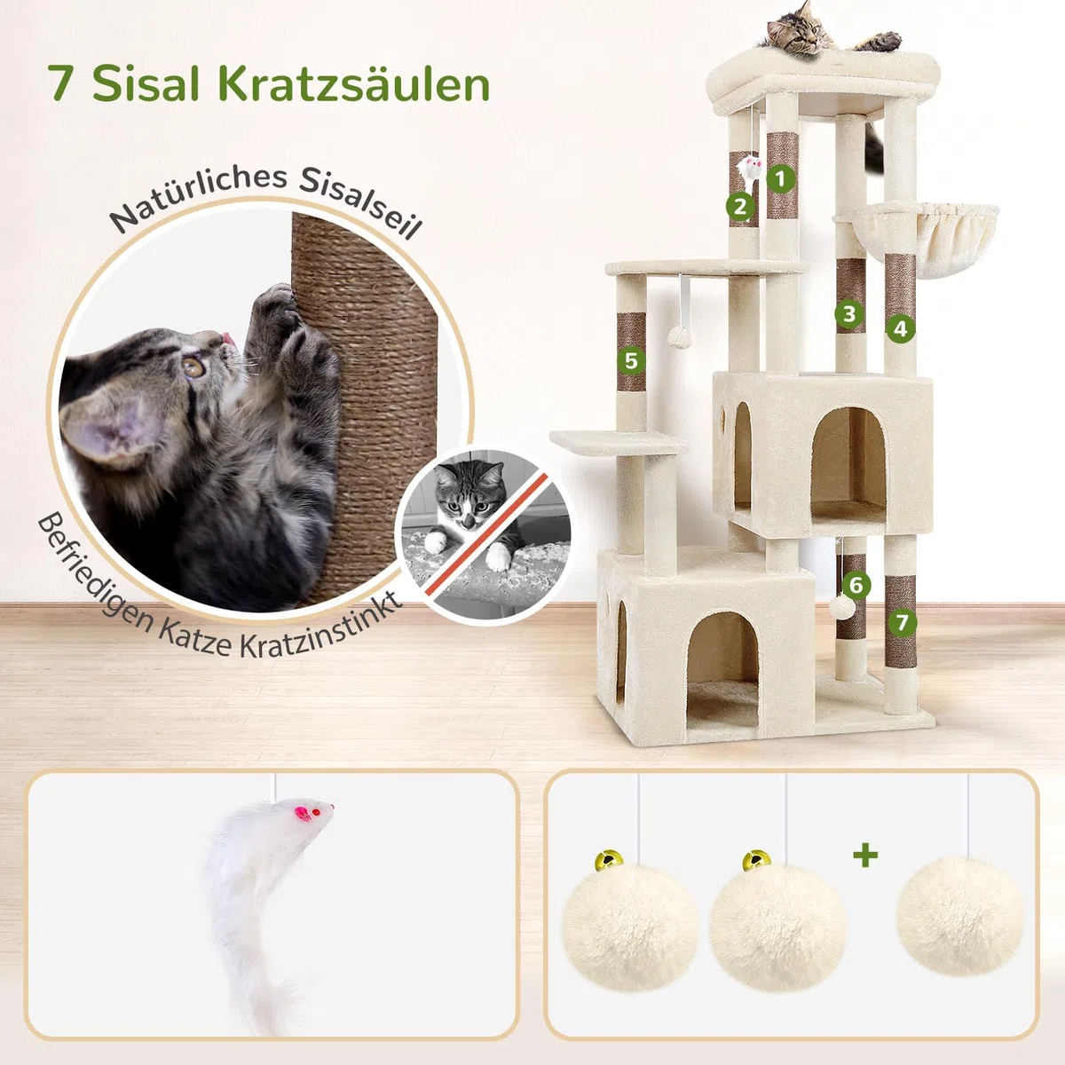 Globlazer Kratzbaum XXL Stabil für 2/3/4 Große Katzen Maine Coon 156 cm F61 | Katzenbaum mit 2 Extragroß Katzenhaus, Sisal Kratzsäulen, Einfach zu montieren, Robust Sicher, fur Kätzchen Schwere Katze