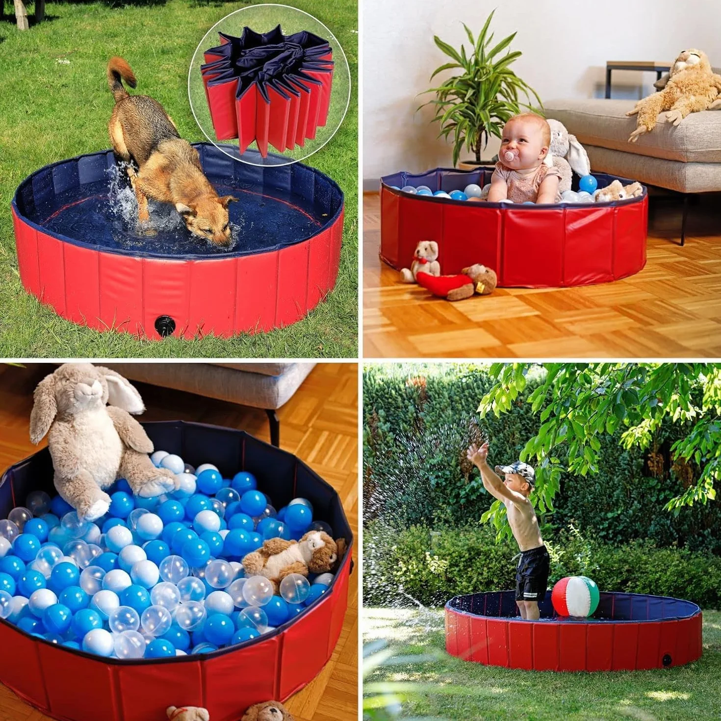 lionto Hundepool faltbar aus kratzfestem PVC-Material, Ø 160 cm, Höhe 30 cm, Anti-Rutsch-Belag & Abflussstopfen für schnelle Entleerung, Keine Pumpe benötigt, robuster Kinderpool, blau/rot
