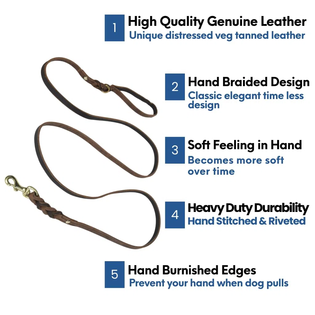 Hundeleine, geflochten, Leder, 152 cm, Vollnarbenleder, strapazierfähig, für große, mittelgroße und kleine Hunde, weiches Leder, ideal für Training, tatsächliche Größe (1.5 m, Dunkelbraun)
