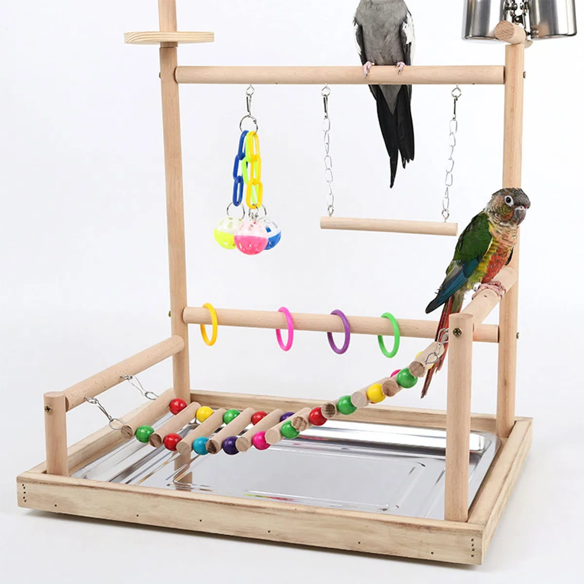 Sitzstangenständer für Vögel, Papageien, Spielständer mit Tablett aus Edelstahl, Futternäpfe, Leiterschaukel, Kauspielzeug aus Kunststoff für Vögel, Vogelspielplatz, Sitzstangenständer aus Naturholz
