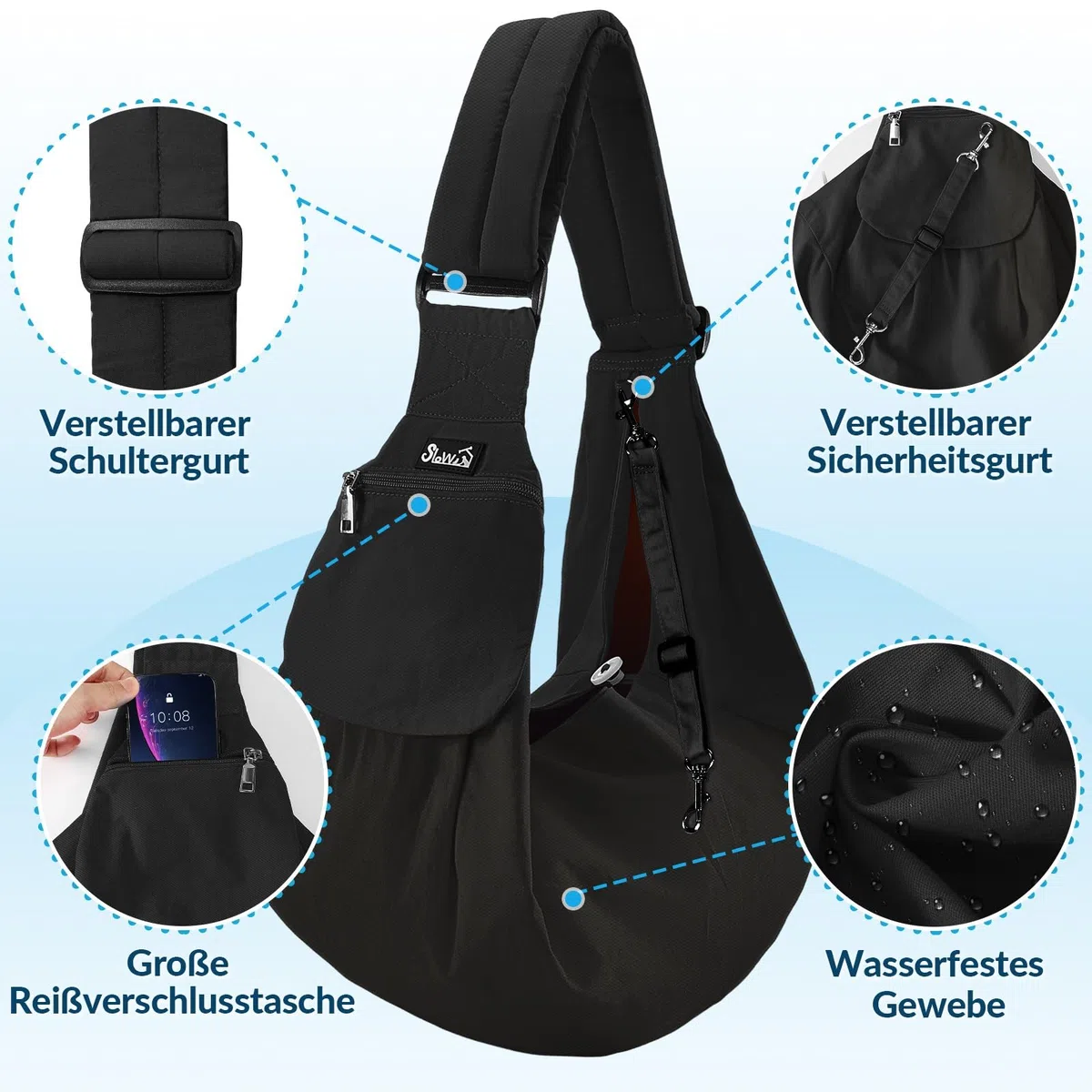 SlowTon Hundetragetasche, Haustier Hundetasche mit verstellbarem, gepolstertem Schultergurt und Fronttasche Tragetasche Hund für Spaziergang (Schwarz-Wasserdicht, L(Für Haustiere 4,5-7,2 kg))