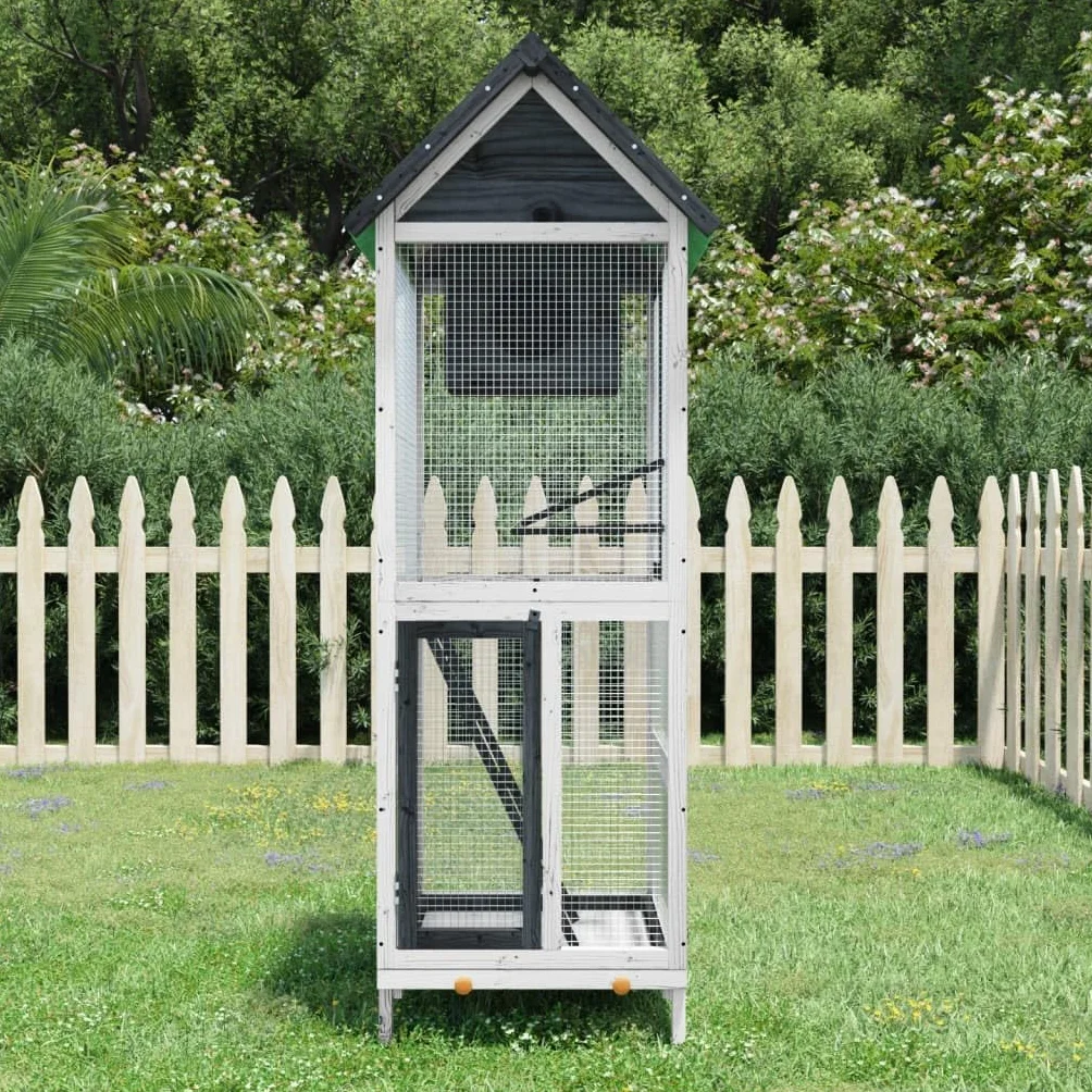 Voliere Grau aus massivem Kiefernholz 60 x 58,5 x 160 cm mit wasserfestem Dach, Drahtgeflecht, Nistkasten, Leiter und Sitzstangen für Außenhaltung
