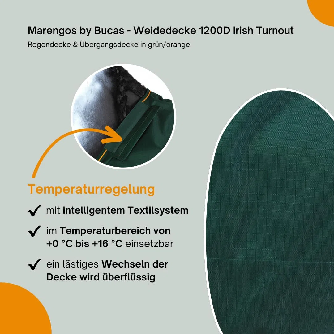 Marengos by Bucas - Weidedecke 1200D Irish Turnout | als Regendecke & Übergangsdecke | wasserdichte Outdoordecke mit Innenfutter & Kreuzbegurtung | Grün/Orange in Größe 165cm (ohne Füllung)