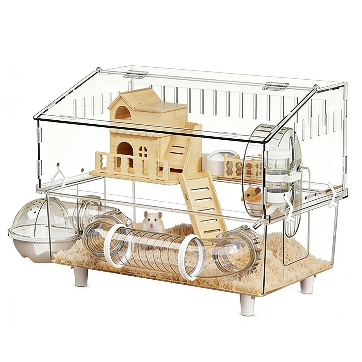 Hamsterkäfig 2-stöckiger durchsichtiger Auslauf | Geräumiger Hamsterkäfig mit Trinkflasche und Toilette für Kleintiere wie Meerschweinchen, Beobachtung zu Hause oder