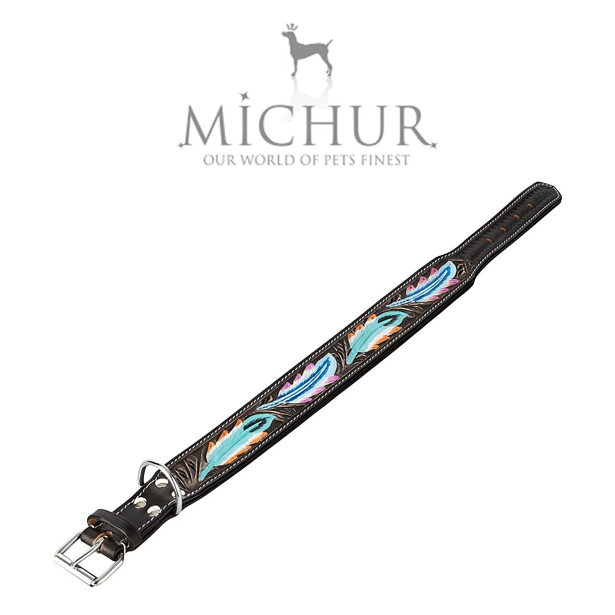 MICHUR Pietro Braun Schwarz mit Feder Muster, Hundehalsband Leder, Lederhalsband Hund, Halsband, Leder, in verschiedenen Größen erhältlich