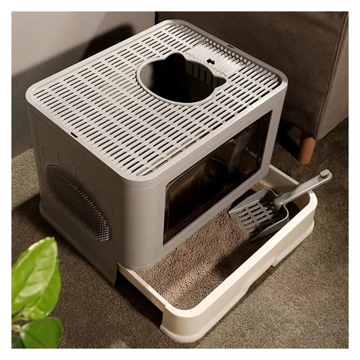 für mehrere Katzen, Geruchskontrolle Große Katzentoilette mit Haube, Schubladentyp, Haustier-/Katzentoilette, Einstieg von oben, geschlossenes Töpfchen mit Spritzschutz und Schaufel for die Fellpflege