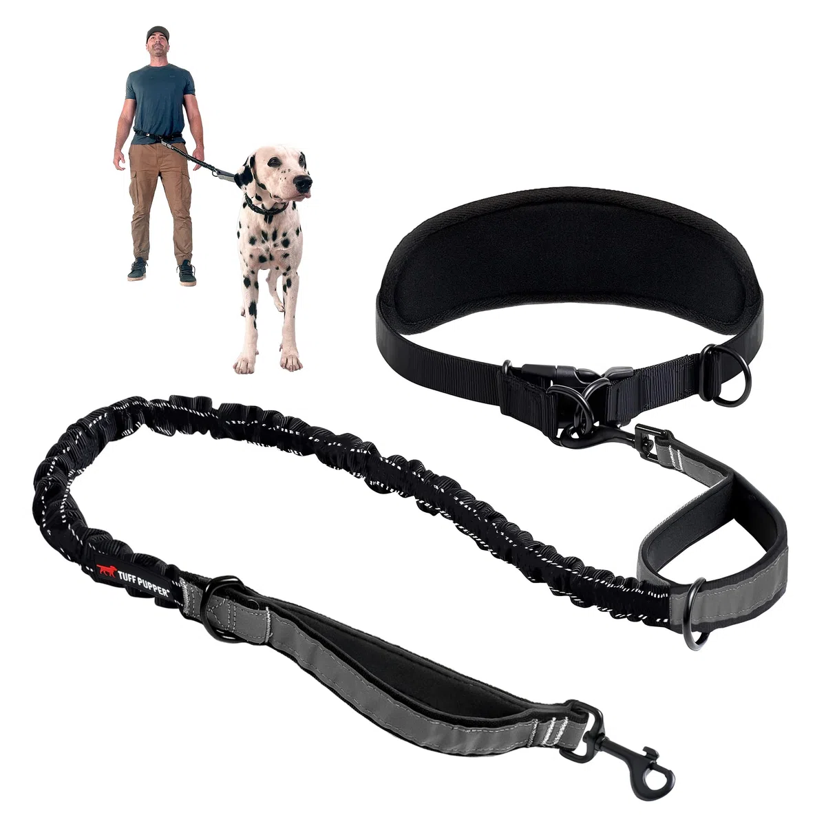Robuste, freihändige Hundeleine von Tuff Pupper | Ein großer Hund bis 55 kg | Bequemer, stoßdämpfender Bungee | Reflektierende gepolsterte Griffe | Lendengürtel 55-110 cm | Leine zum Joggen und Laufen