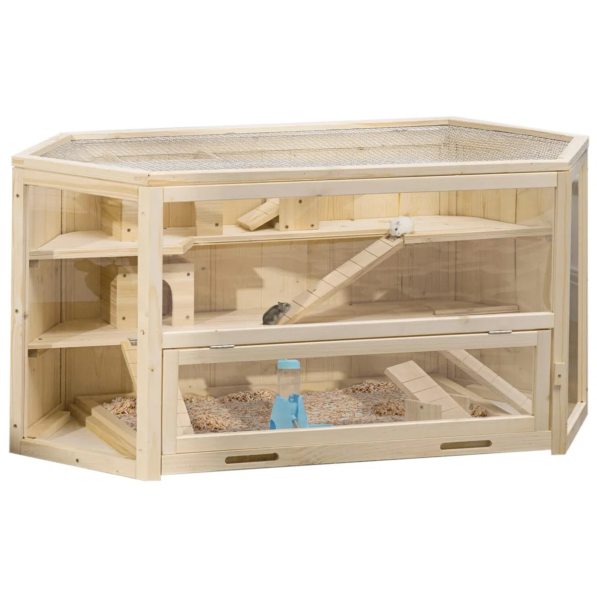 Hamsterkäfig Hölzerner großer Hamsterkäfig, Kleintier-Übungsspielhaus, 3-stöckig, mit verschiebbarem Tablett, Wippen, Wasserflasche für Haustiere(Brown)