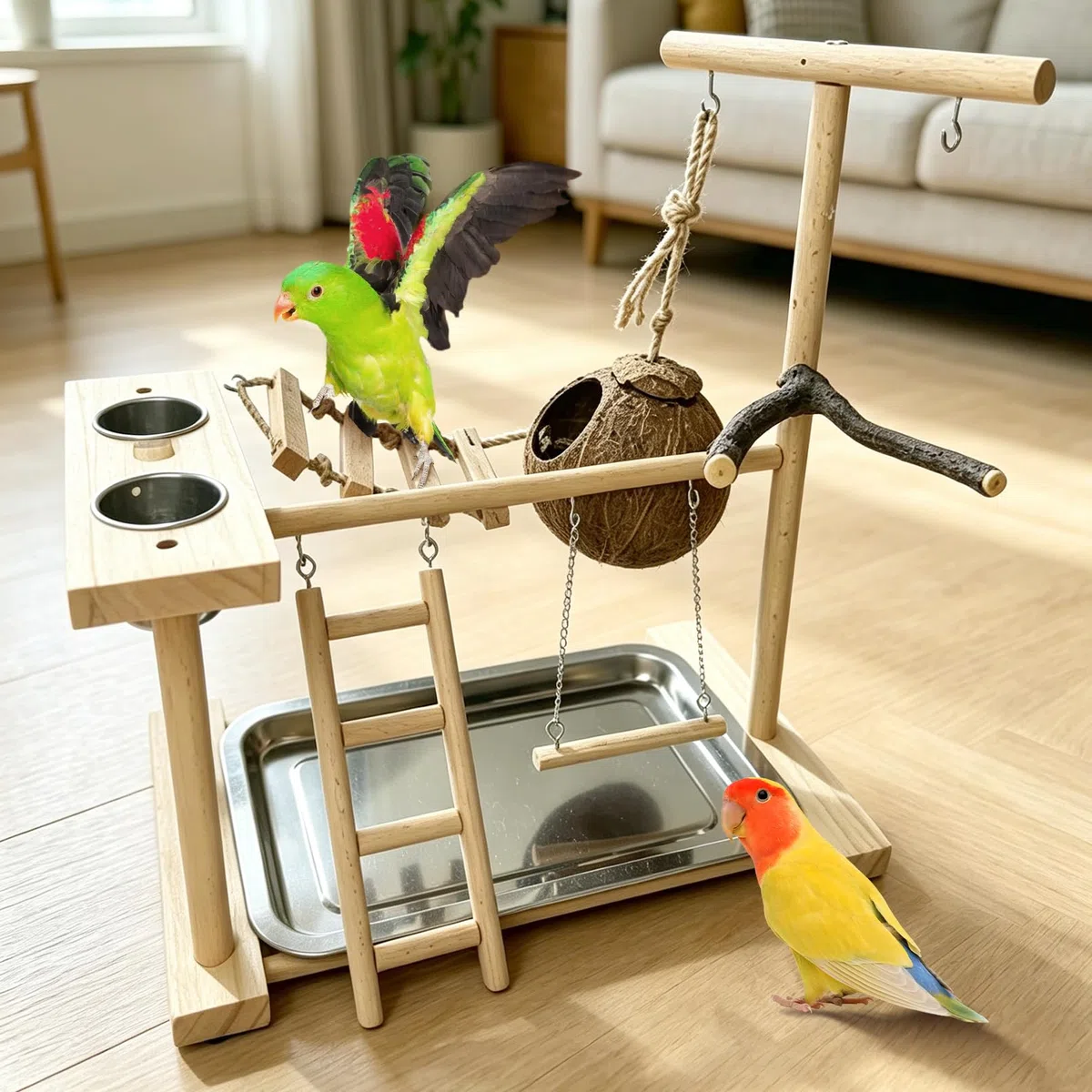 Hamiledyi Spielplatz für Papageien, Vogelspiel, Holz, Sitzstange mit Futterschalen, Spielzeug für Nymphensittiche, Nest mit Leiter für Sittiche