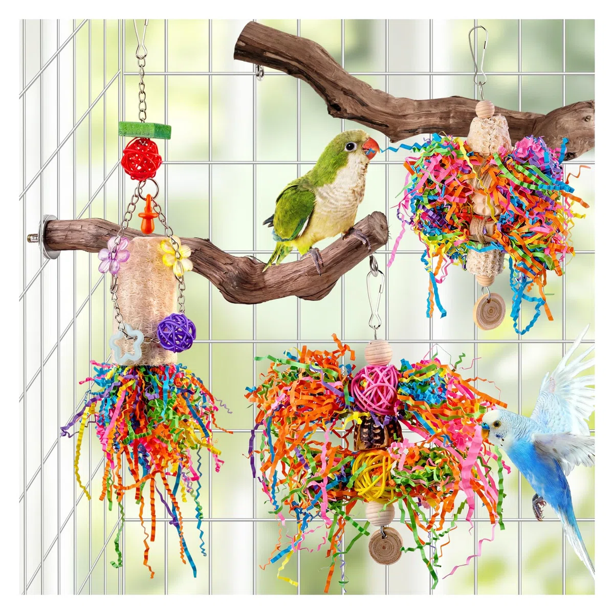 Vogelspielzeug, Sittiche, Futtersuchspielzeug, hängendes Kauspielzeug mit natürlichen Holzsitzstangen, Vogelkäfigzubehör, geeignet für Sittiche, Nymphensittiche, Wellensittiche, Lovebirds